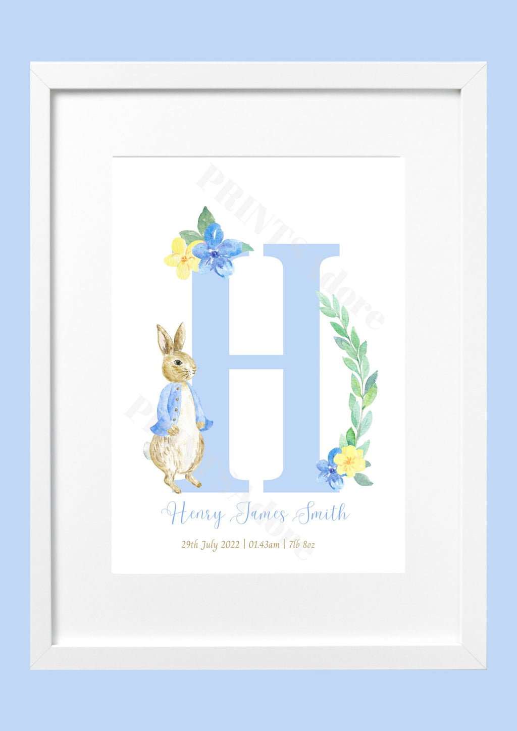 Personalised Peter Rabbit Inspired Initial Birth Print - Nursery Print - Name Print - Boys bedroom decor - New Baby Gift - Gift Print - Blue