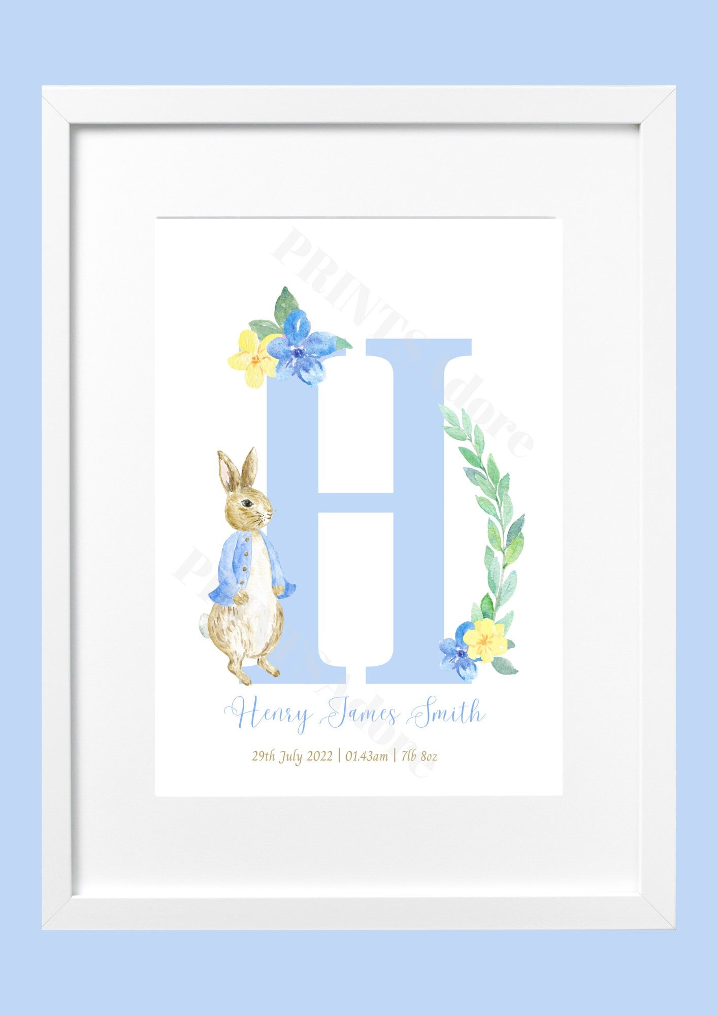 Personalised Peter Rabbit Inspired Initial Birth Print - Nursery Print - Name Print - Boys bedroom decor - New Baby Gift - Gift Print - Blue