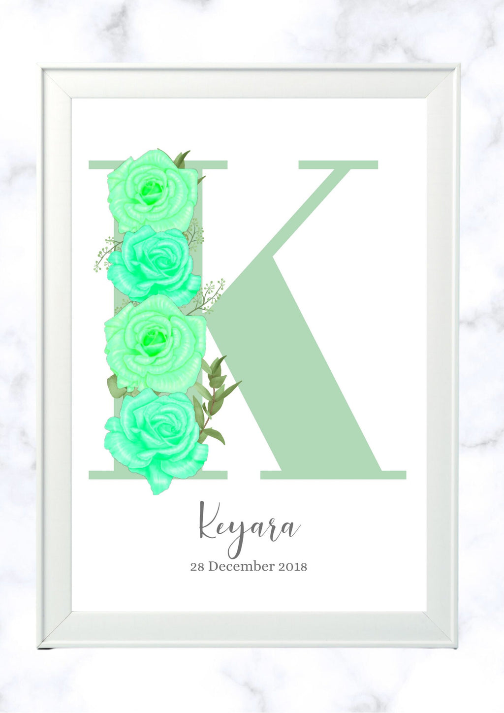Personalised Girl Initial Roses Nursery Bedroom pretty Print- different colours