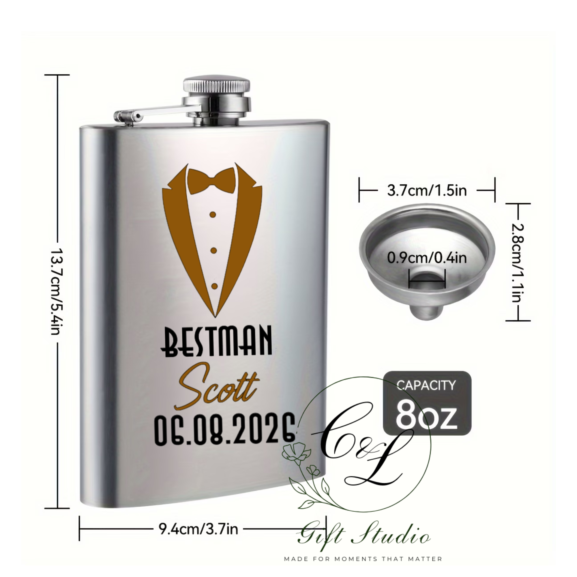 Personalised Groom, Best Man, Groomsman Hip Flask – Custom Wedding Party Gift for Best Man, Groomsmen Gift, Flask with Name & Date