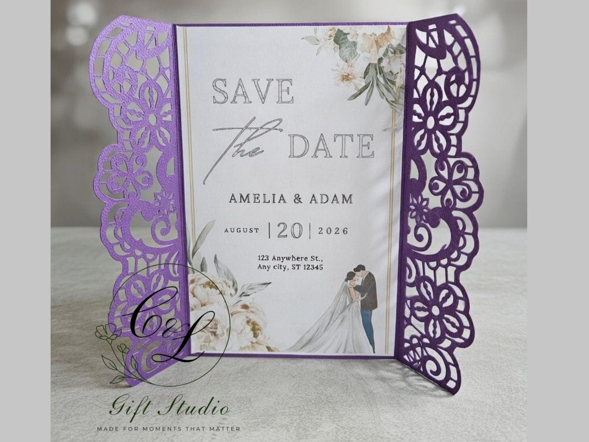 Personalised Laser Cut Save the Date Cards | Elegant Lace Wedding Save the Dates | Personalized Wedding Announcement | Floral Gatefold Card