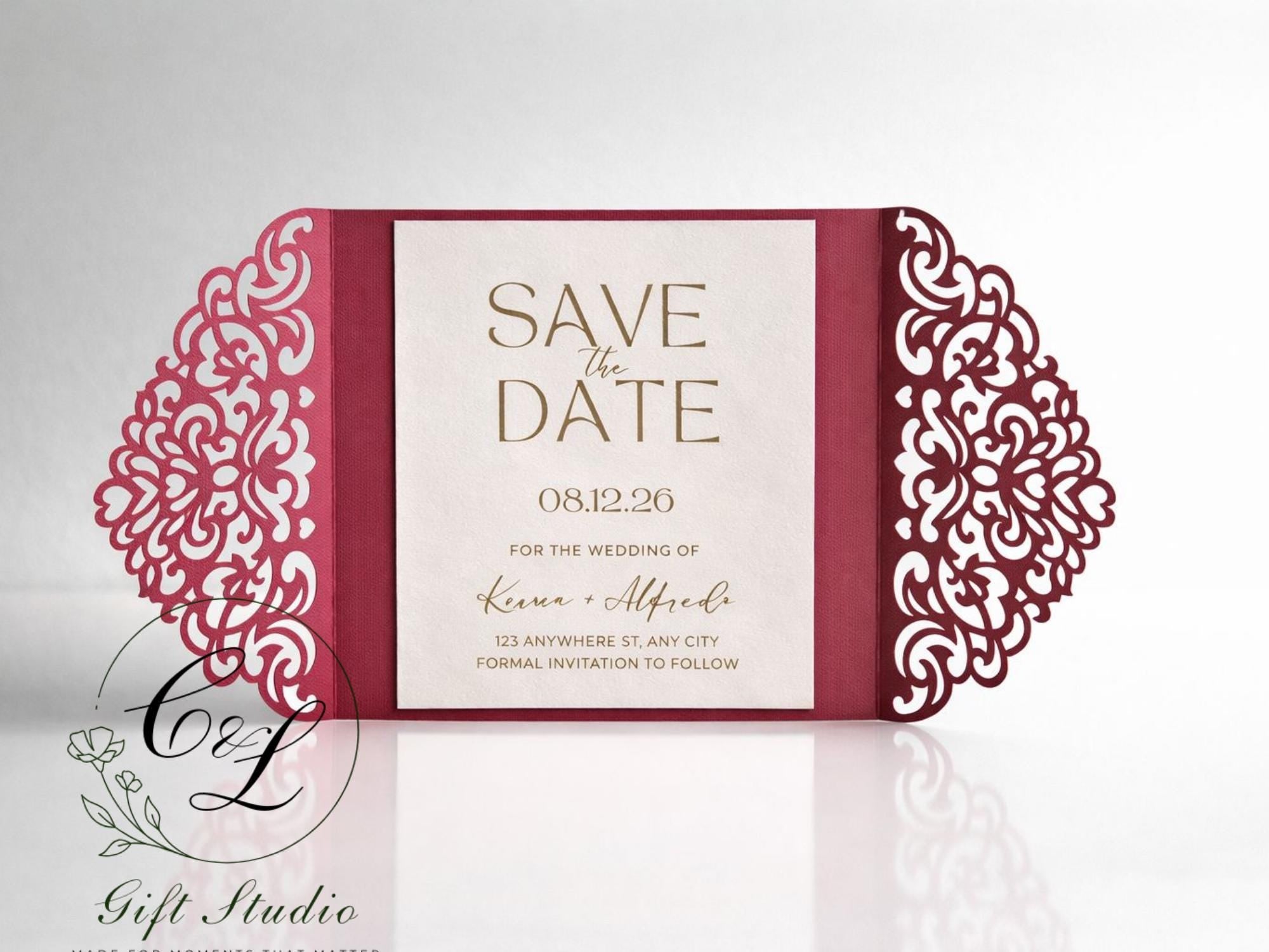 Personalised Laser Cut Save the Date Cards | Elegant Lace Wedding Save the Dates | Personalized Wedding Announcement | Floral Gatefold Card