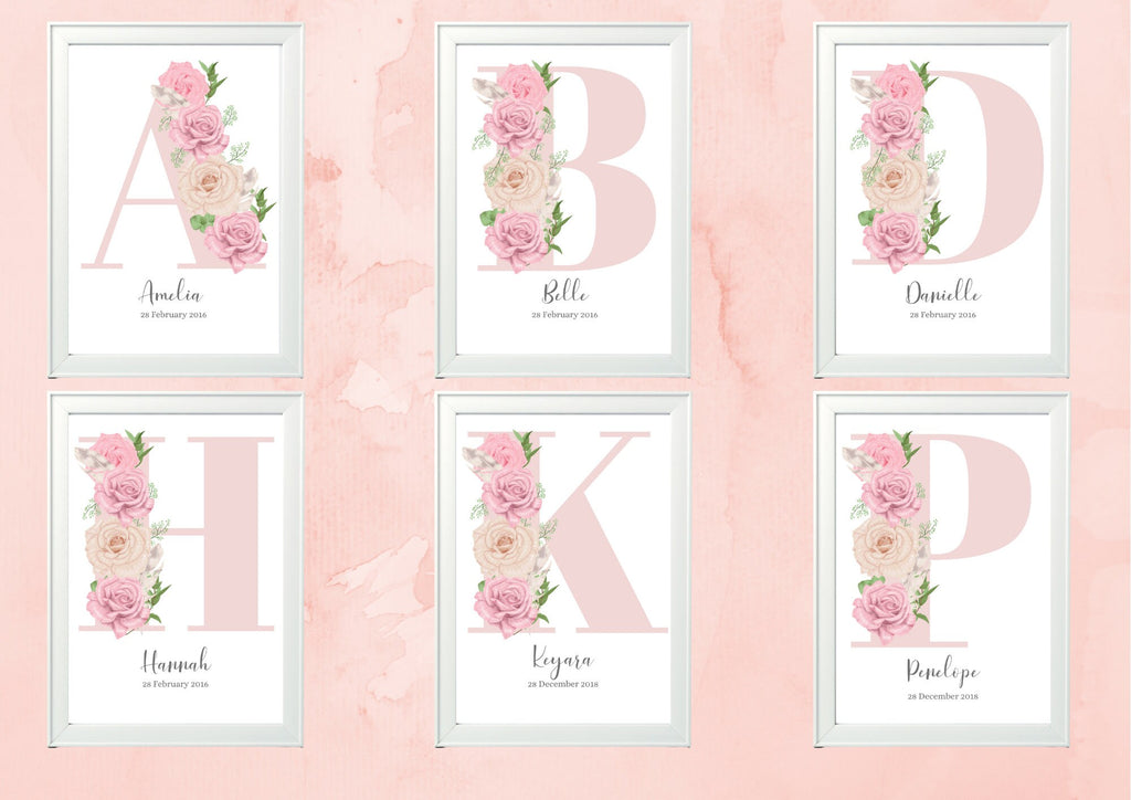 Personalised Girl Initial Roses Nursery Bedroom pretty Print- different colours
