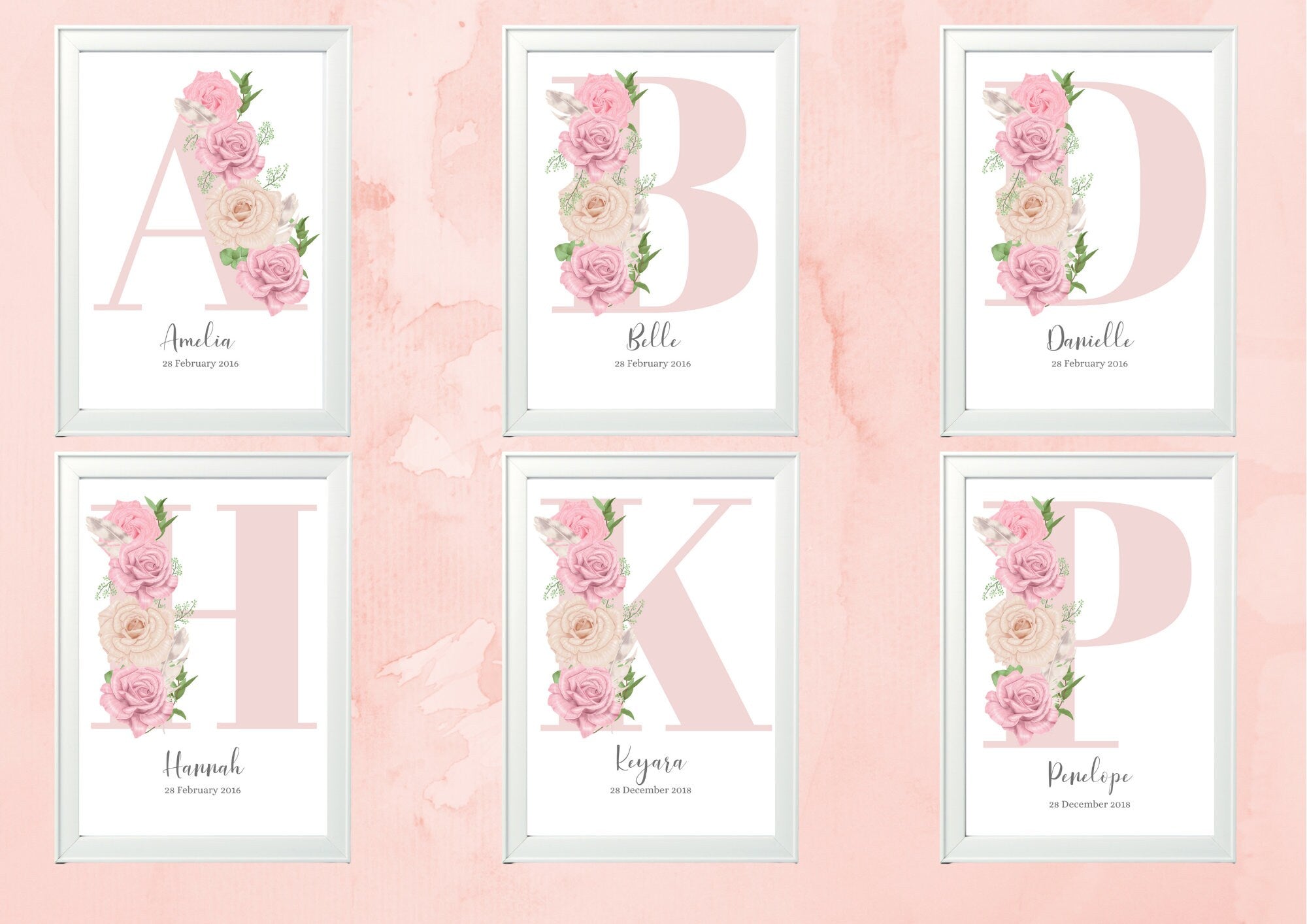 Personalised Girl Initial Roses Nursery Bedroom pretty Print- different colours