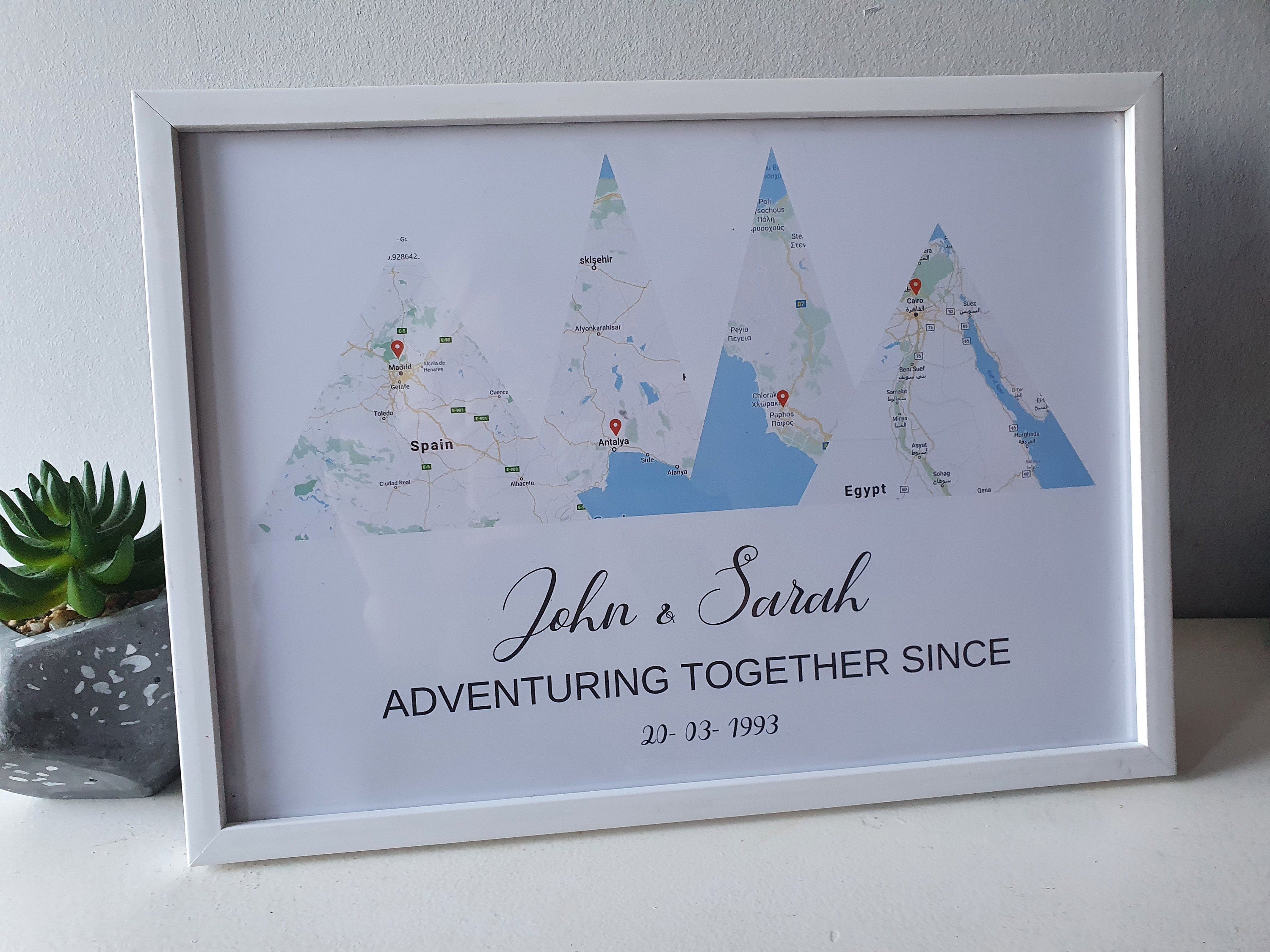 Personalised Map of adventures together with pin drop, anniversary valentines gift