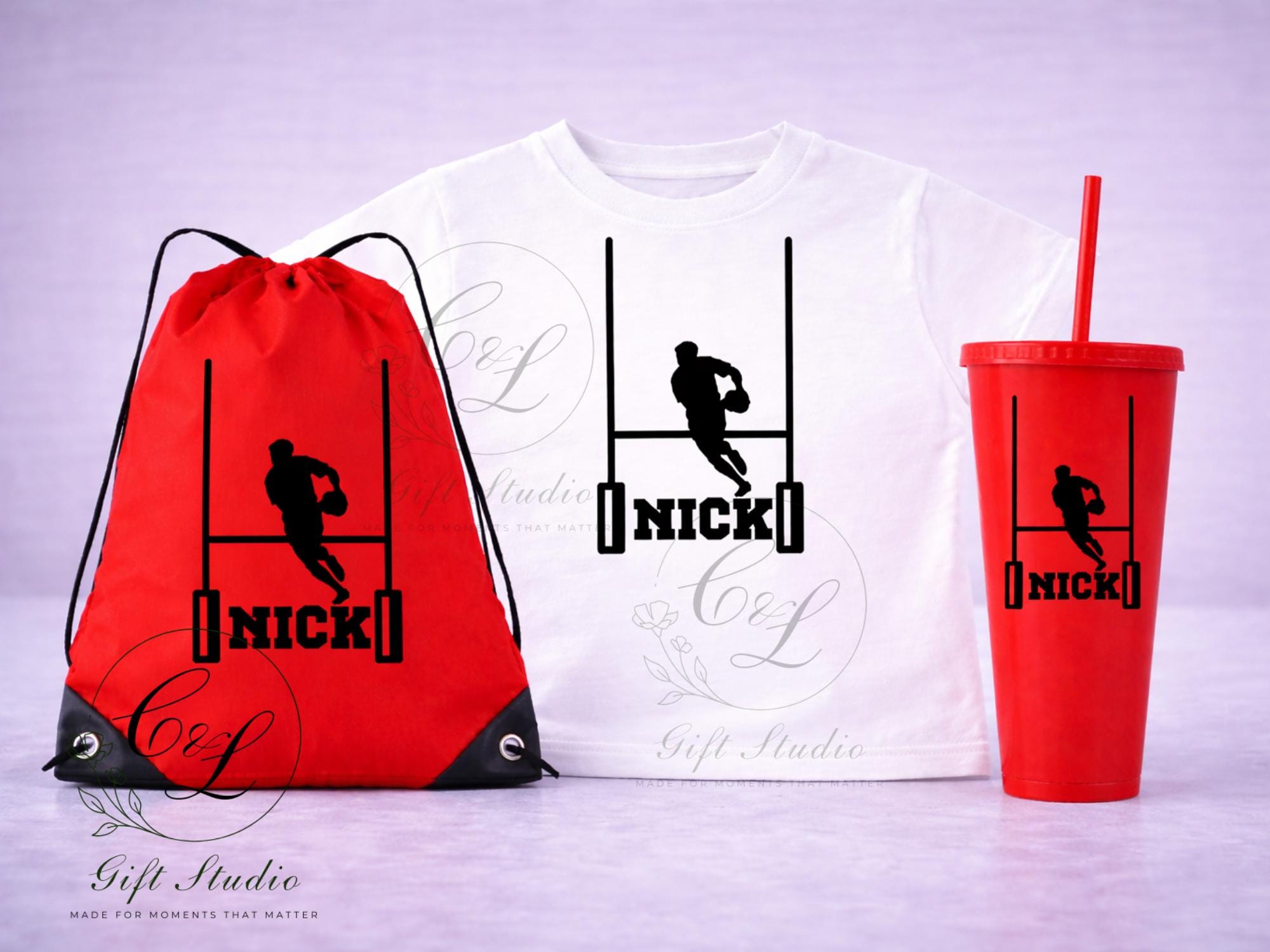 Personalised Rugby Gift Set | Custom Rugby T-Shirt, Water Bottle, Cold Cup, Mug & Drawstring Bag | Rugby Player Gift