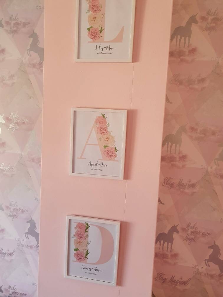 Personalised Girl Initial Roses Nursery Bedroom pretty Print- different colours
