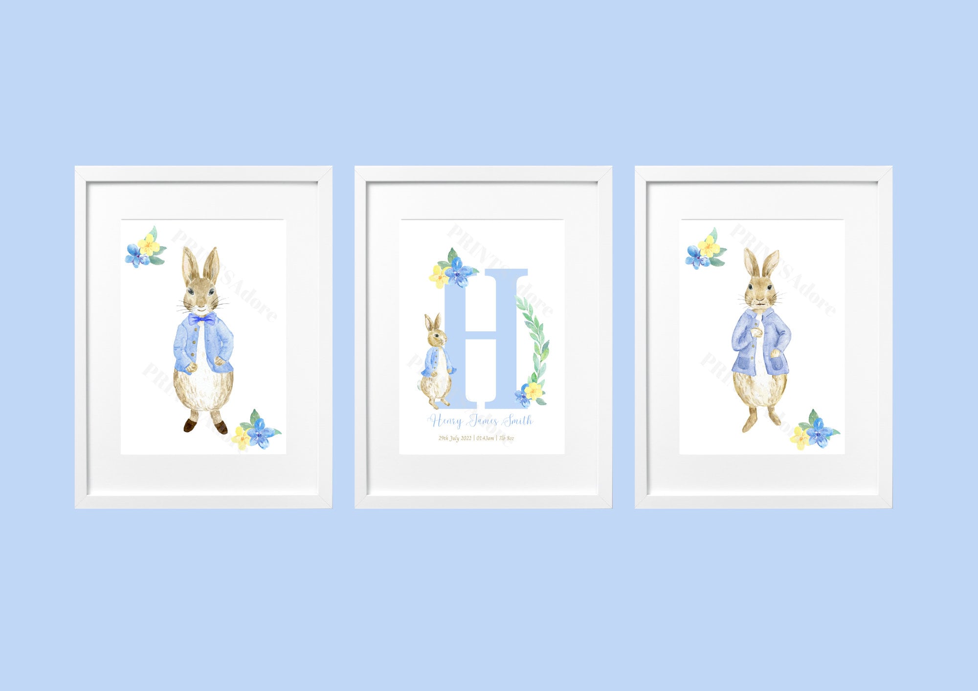 Personalised set of 3 Peter Rabbit Initial Birth Print - Nursery Print - Boys bedroom decor - New Baby Gift - Gift Print - Blue
