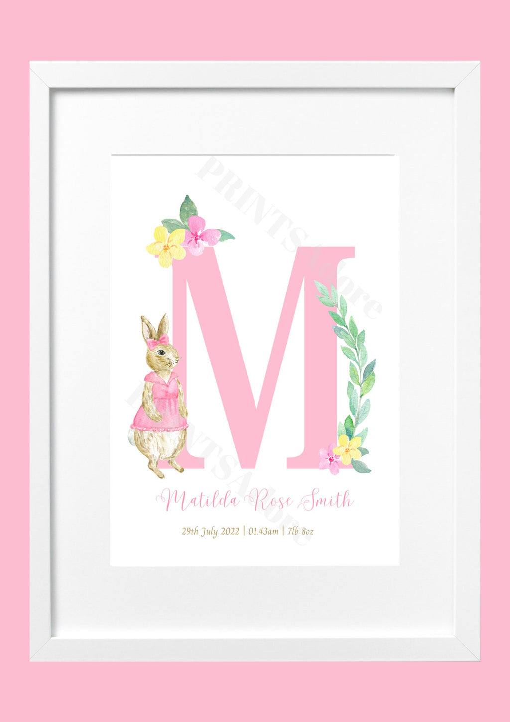 Personalised Girls Pink Floral Flopsy Rabbit Birth Print - Nursery Print - Name Print - Girls bedroom decor - New Baby Gift - Gift Print