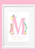 Personalised Girls Pink Floral Flopsy Rabbit Birth Print - Nursery Print - Name Print - Girls bedroom decor - New Baby Gift - Gift Print