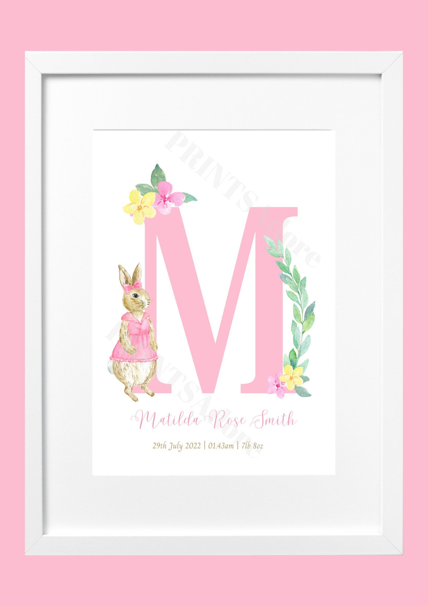 Personalised Girls Pink Floral Flopsy Rabbit Birth Print - Nursery Print - Name Print - Girls bedroom decor - New Baby Gift - Gift Print
