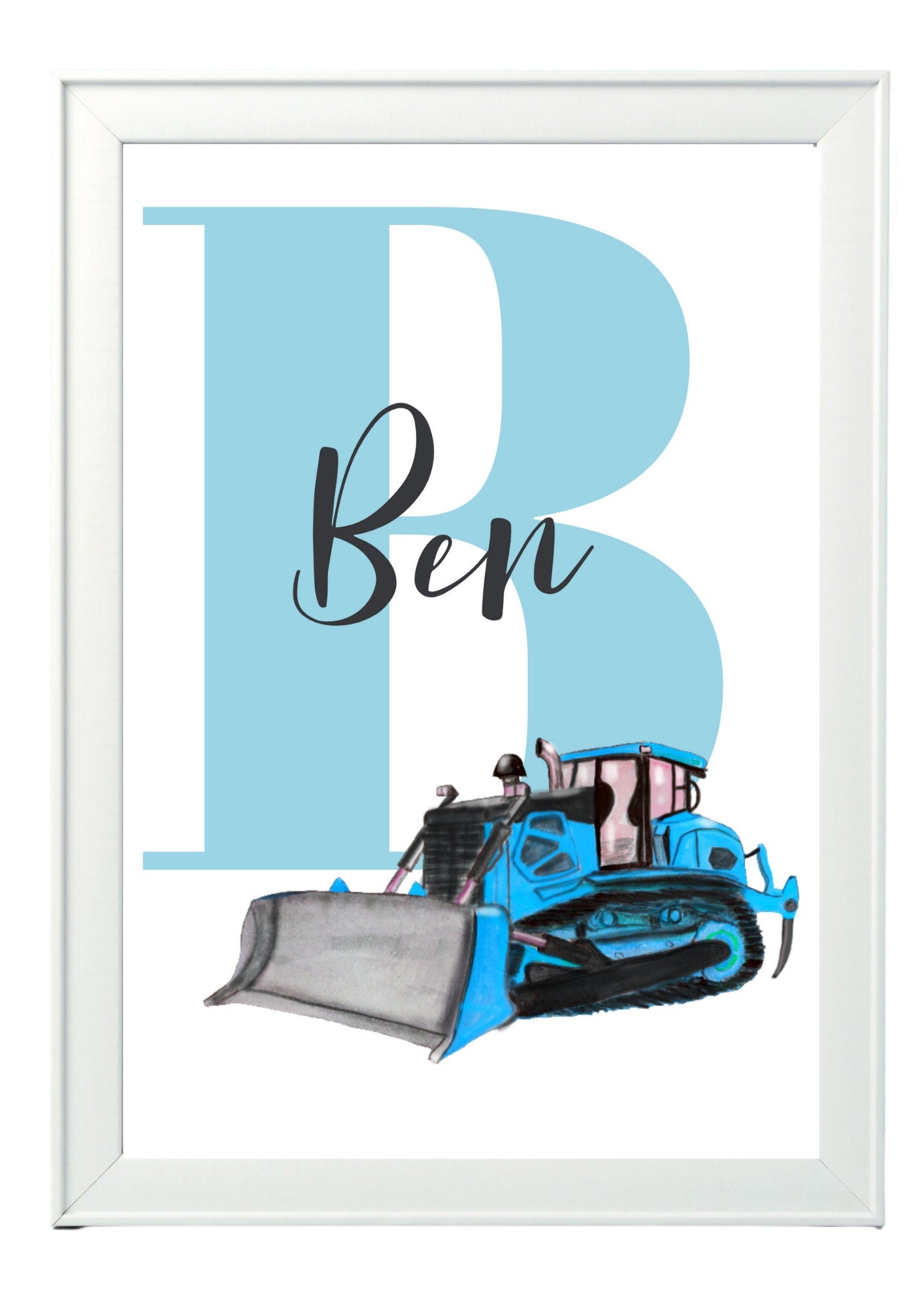 Personalised Boy / boy Initial digger Nursery/ Bedroom Print- different colours