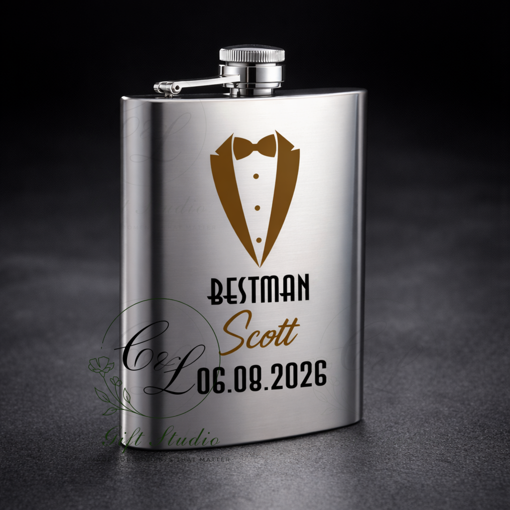 Personalised Groom, Best Man, Groomsman Hip Flask – Custom Wedding Party Gift for Best Man, Groomsmen Gift, Flask with Name & Date