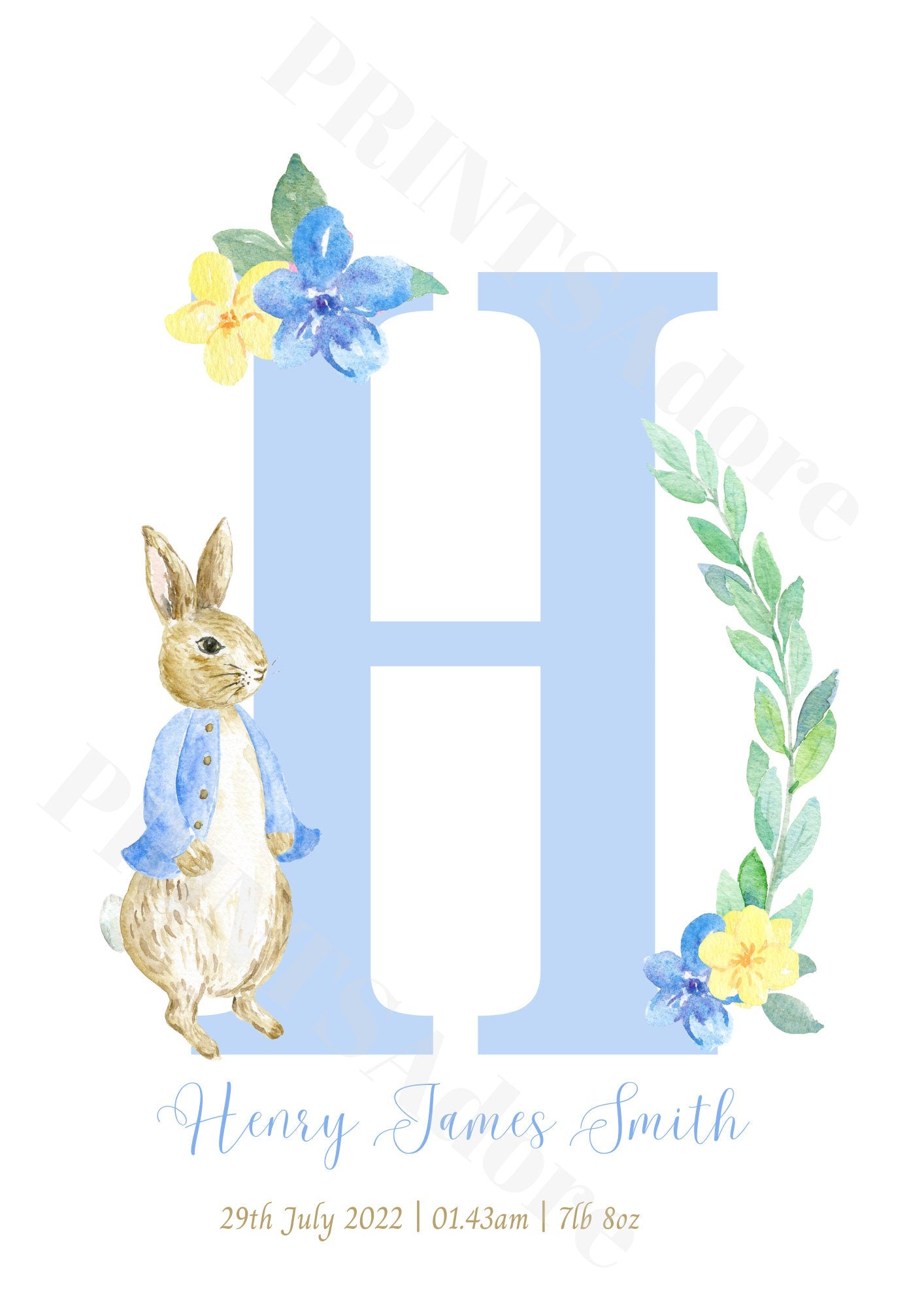 Personalised set of 3 Peter Rabbit Initial Birth Print - Nursery Print - Boys bedroom decor - New Baby Gift - Gift Print - Blue