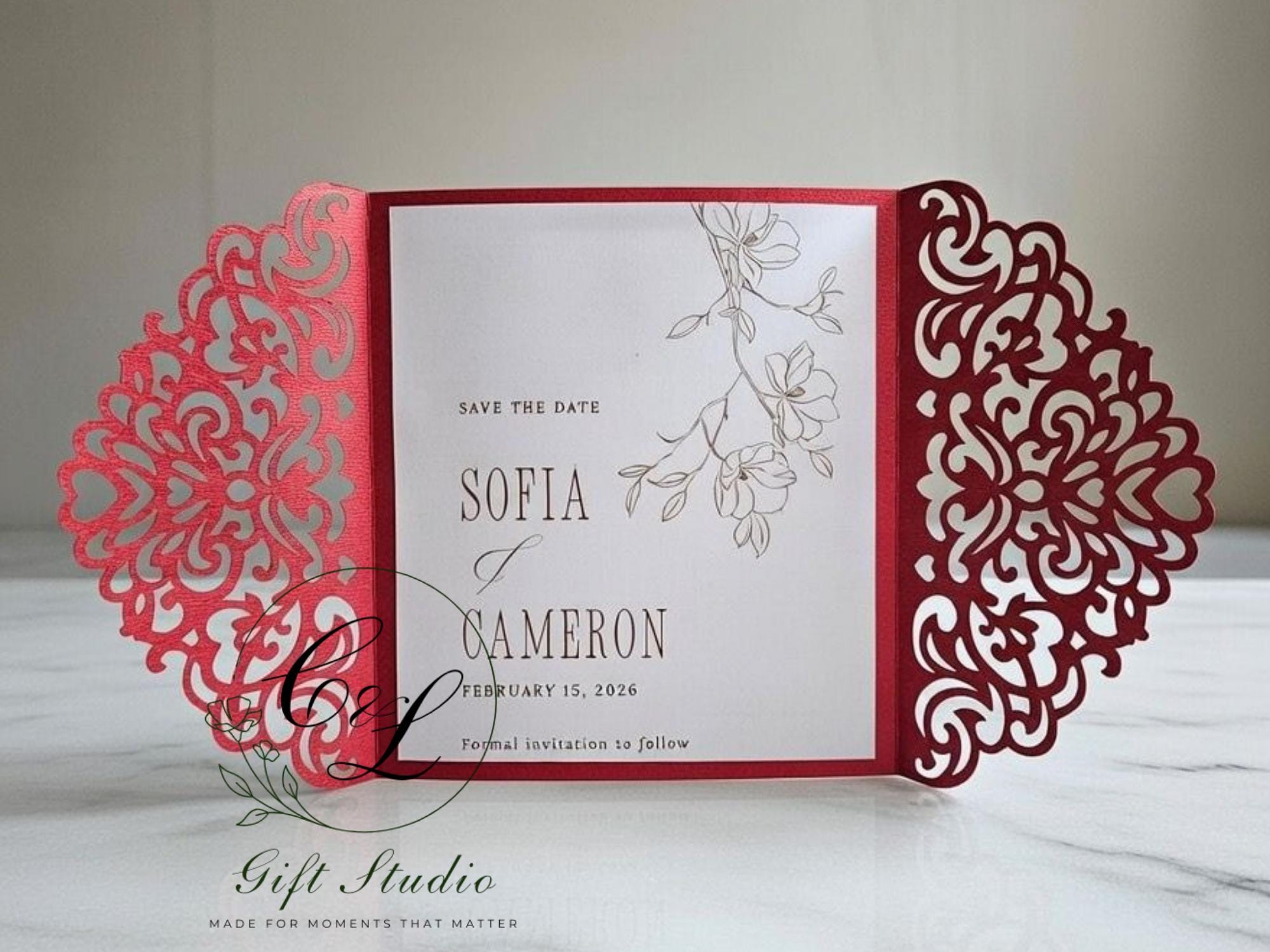 Personalised Laser Cut Save the Date Cards | Elegant Lace Wedding Save the Dates | Personalized Wedding Announcement | Floral Gatefold Card