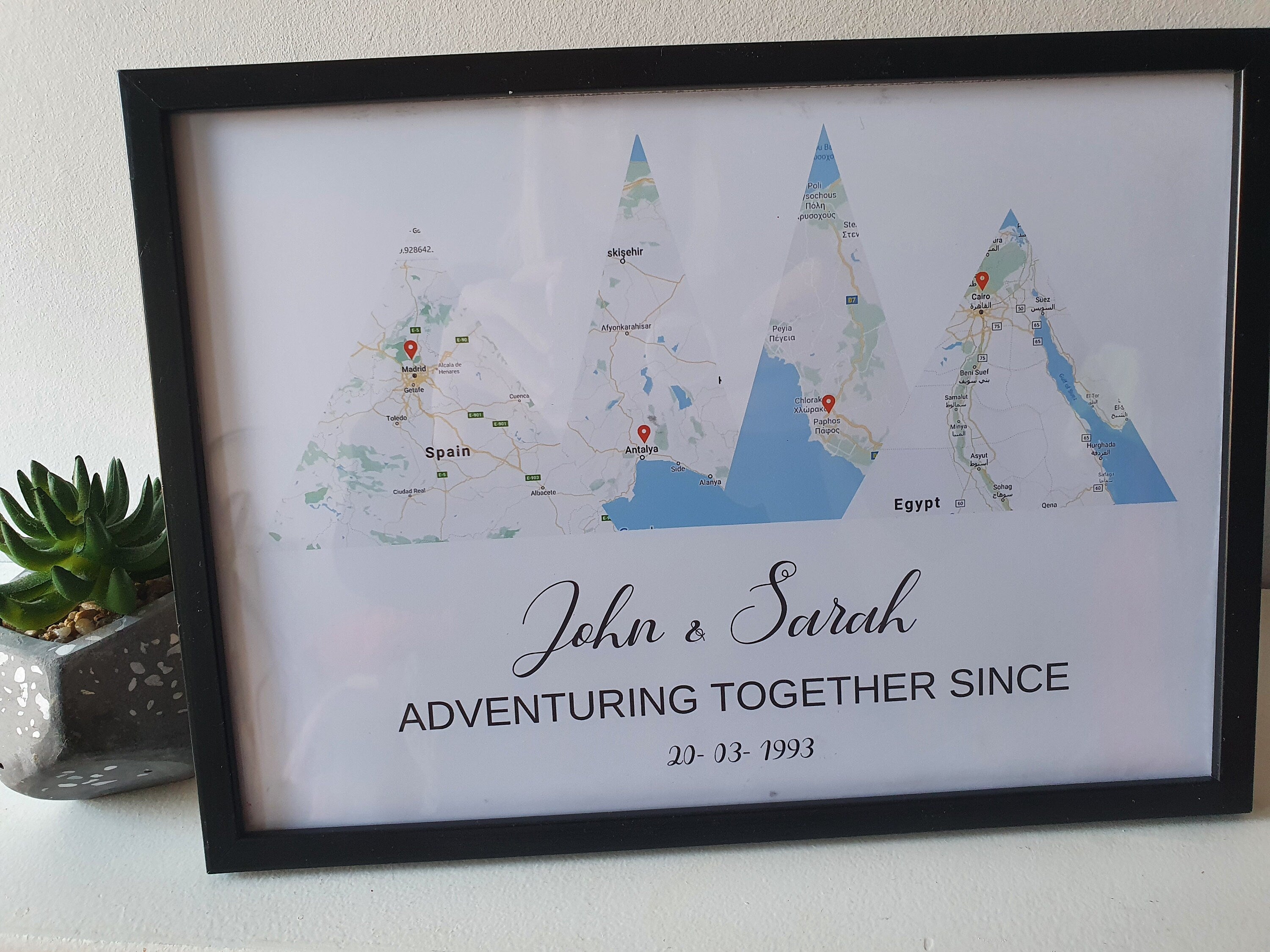 Personalised Map of adventures together with pin drop, anniversary valentines gift