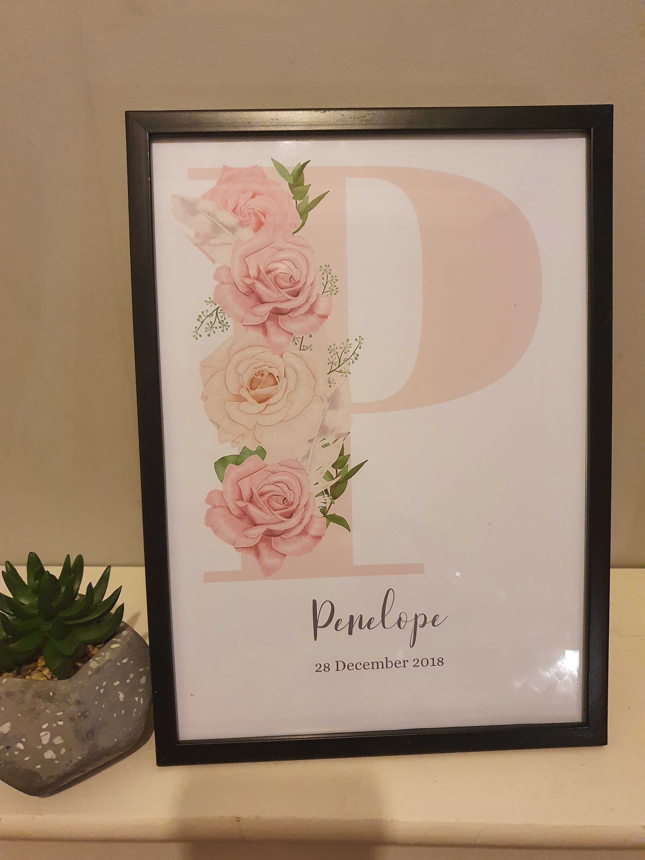 Personalised Girl Initial Roses Nursery Bedroom pretty Print- different colours