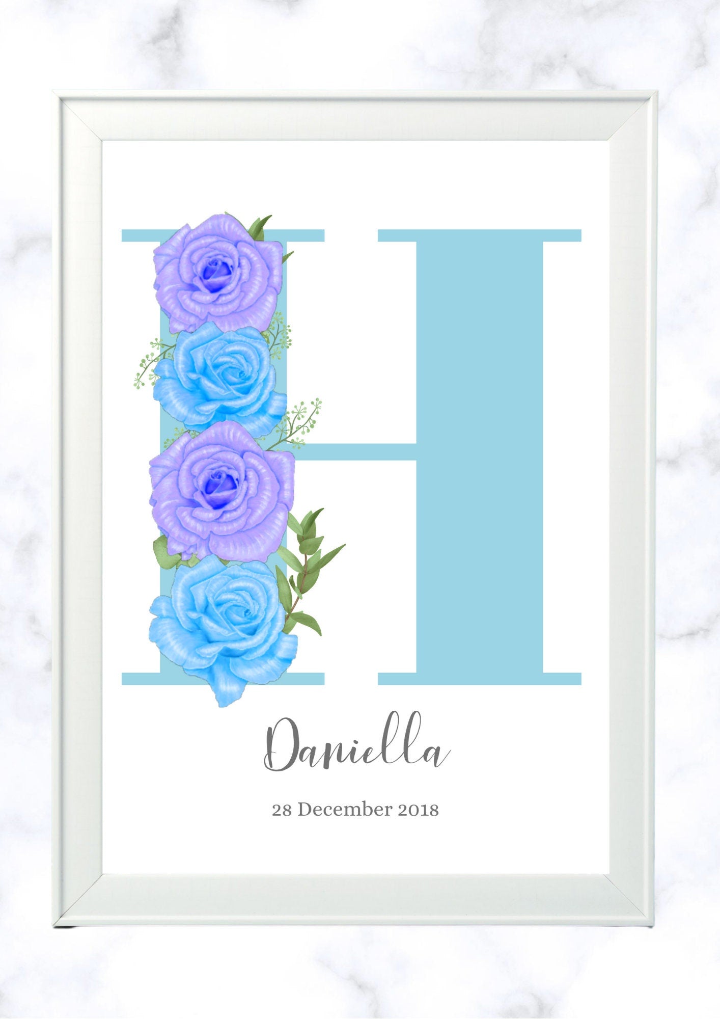 Personalised Girl Initial Roses Nursery Bedroom pretty Print- different colours