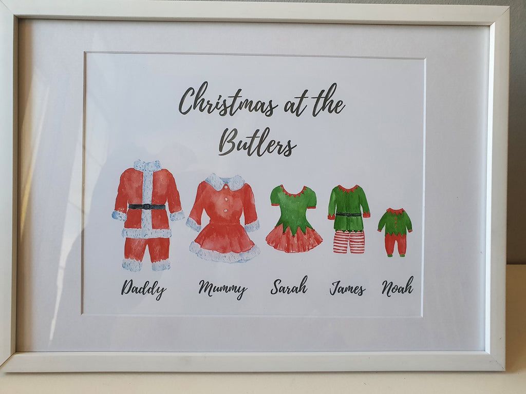 Personalised Christmas Santa and Elf Outfit Family Prints with Names