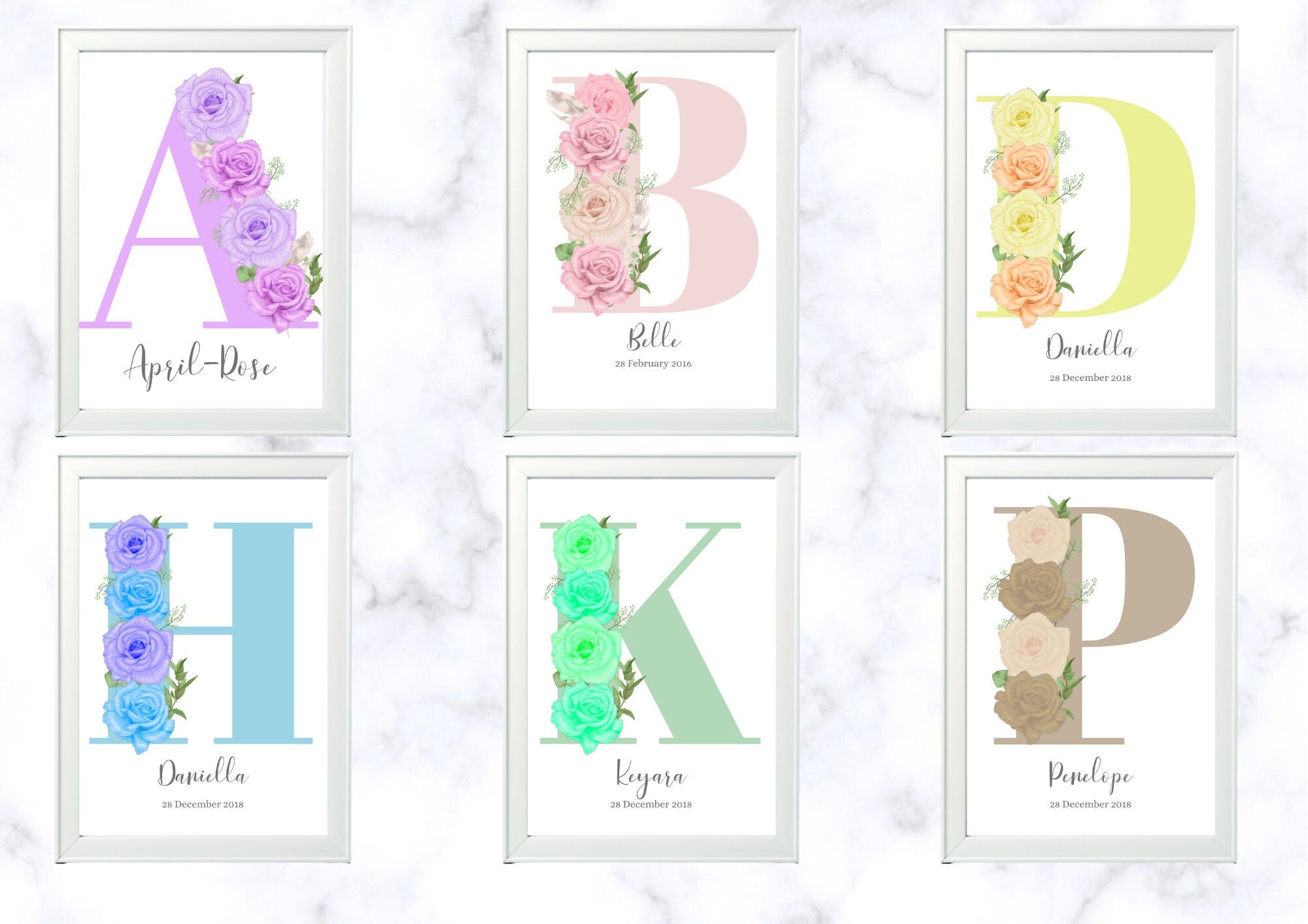Personalised Girl Initial Roses Nursery Bedroom pretty Print- different colours