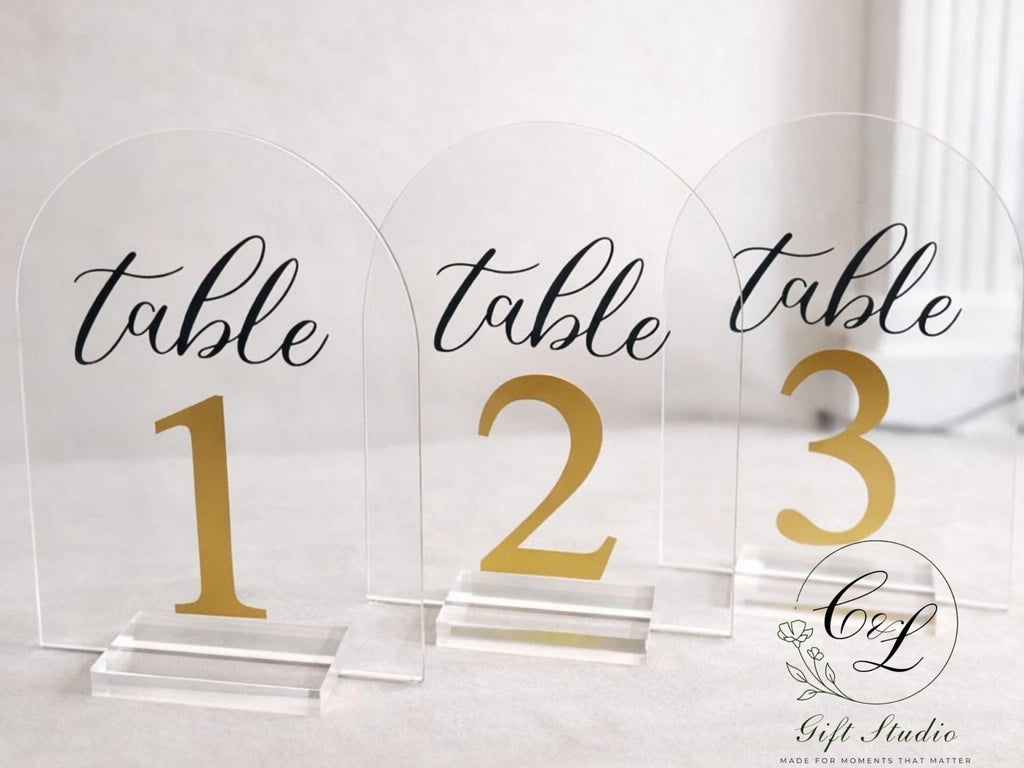 Personalised Arch Acrylic Wedding Table Signs | Modern Wedding Decor | Elegant Table Numbers or Names | Acrylic Wedding Signage