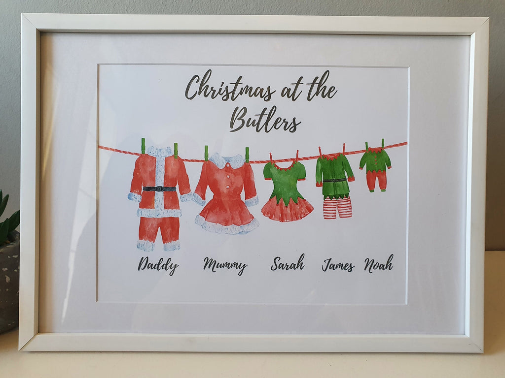 Personalised Christmas Santa and Elf Outfit Family Prints with Names