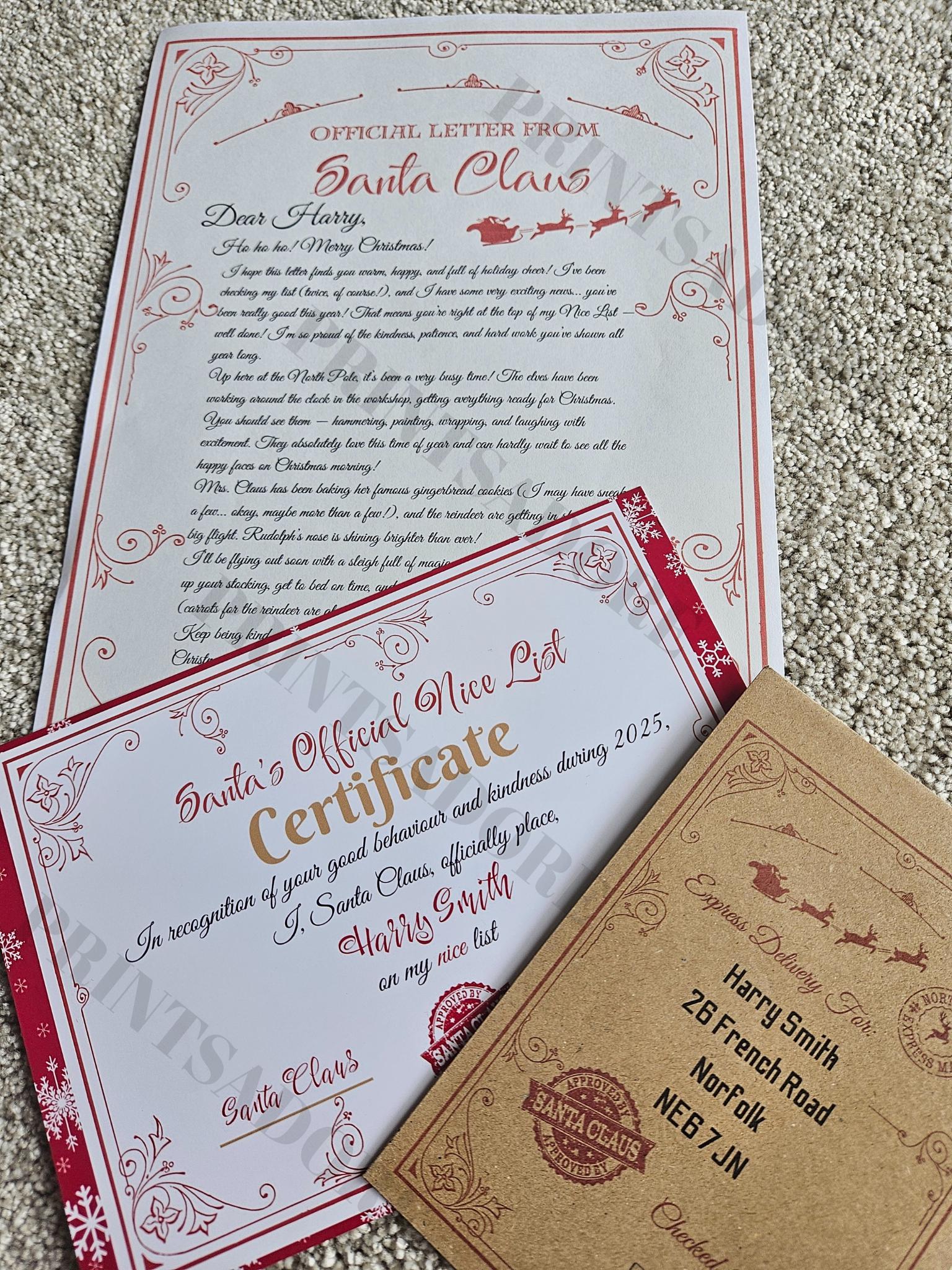 Personalised letter from Santa with Nice List Certificate and envelope 2026 Christmas eve box