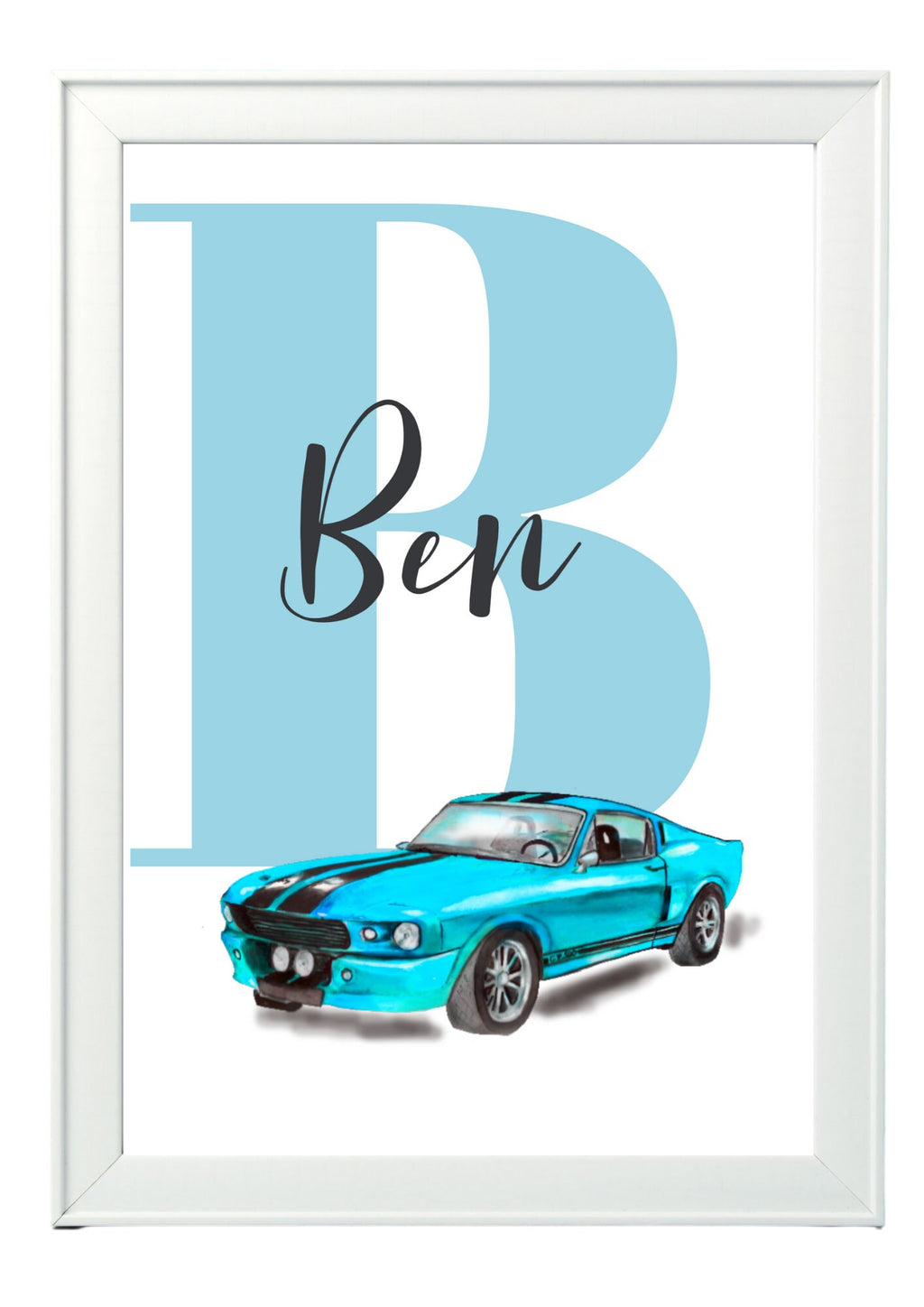 Personalised Boy Initial car Nursery/ Bedroom Print- different colours