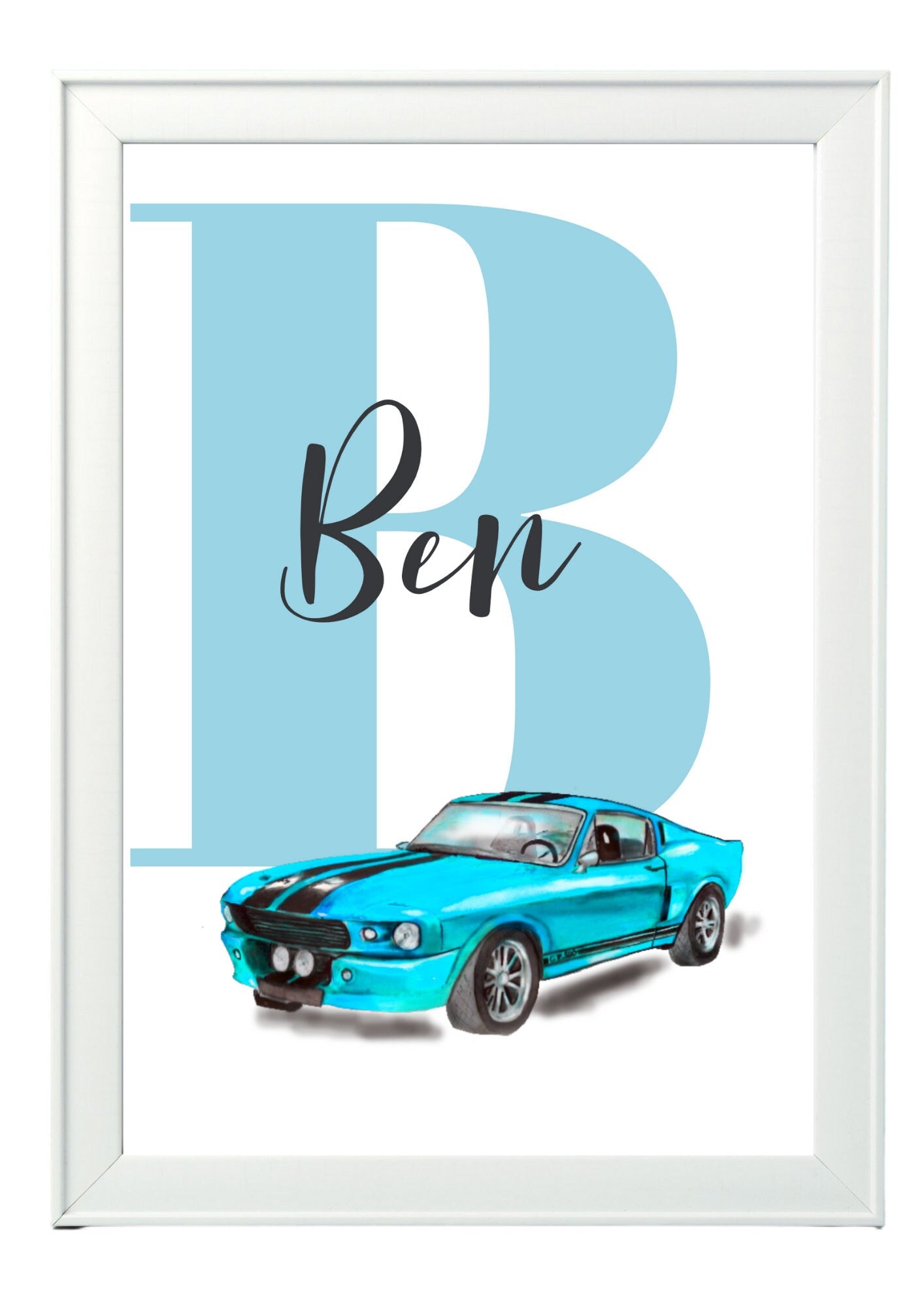 Personalised Boy Initial car Nursery/ Bedroom Print- different colours