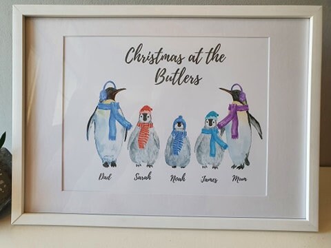 Personalised Christmas Penguin Family Prints with Names