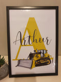 Personalised Boy / boy Initial digger Nursery/ Bedroom Print- different colours