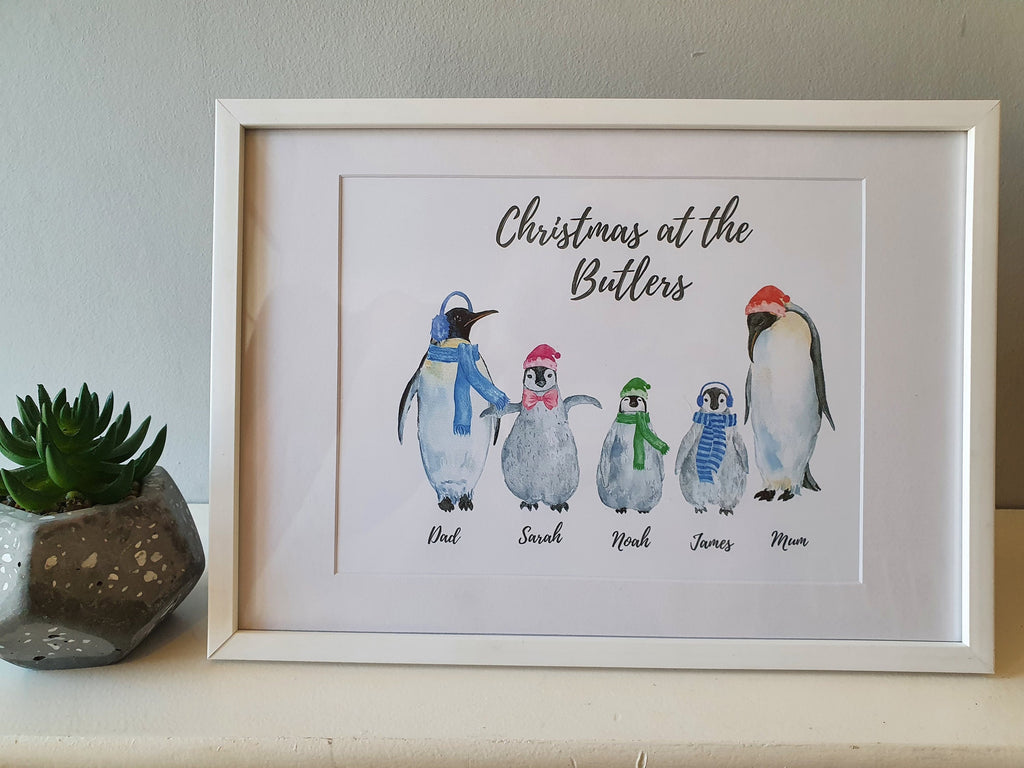 Personalised Christmas Penguin Family Prints with Names