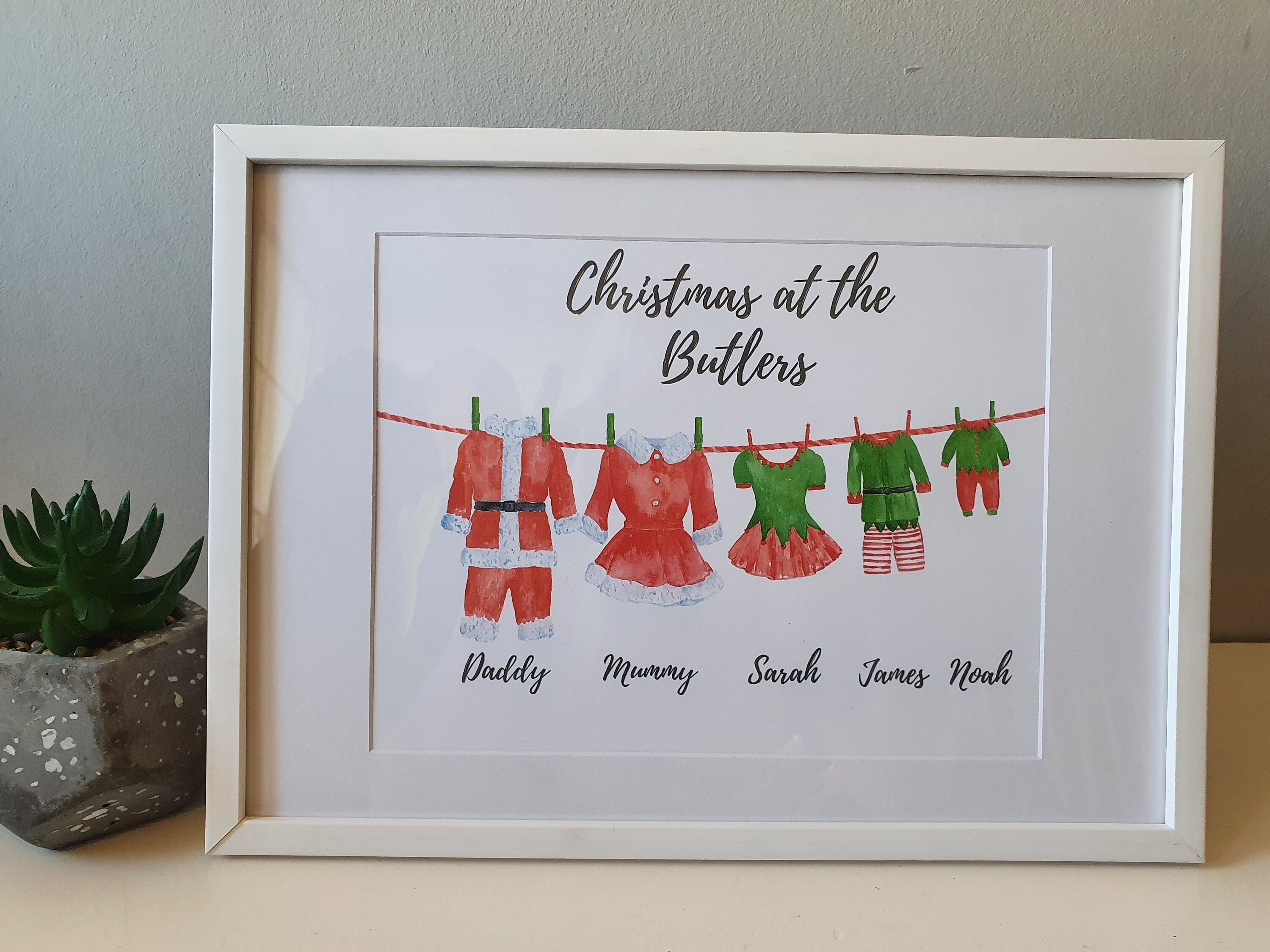 Personalised Christmas Santa and Elf Outfit Family Prints with Names