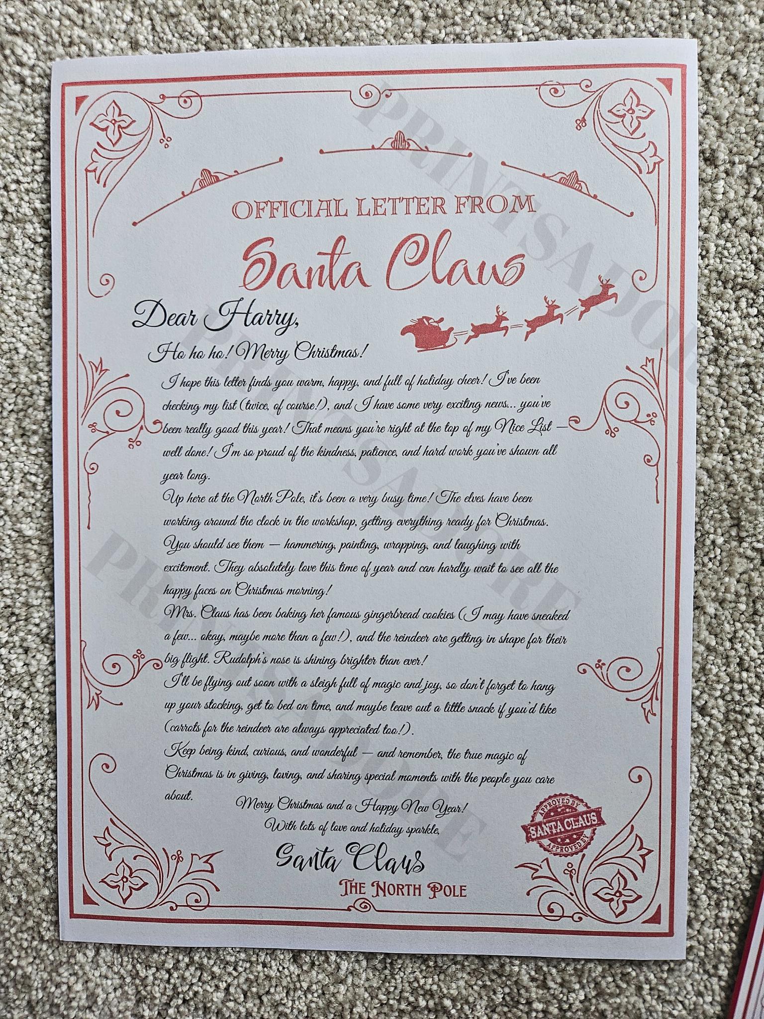 Personalised letter from Santa with Nice List Certificate and envelope 2026 Christmas eve box