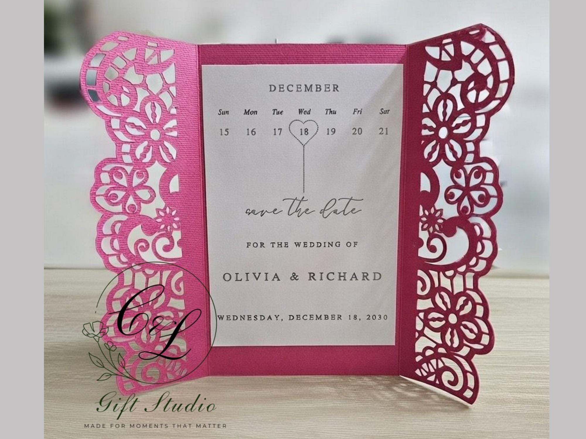 Personalised Laser Cut Save the Date Cards | Elegant Lace Wedding Save the Dates | Personalized Wedding Announcement | Floral Gatefold Card