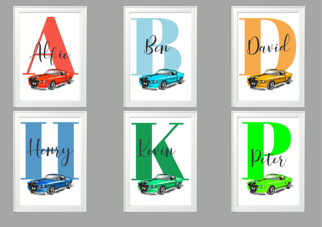 Personalised Boy Initial car Nursery/ Bedroom Print- different colours