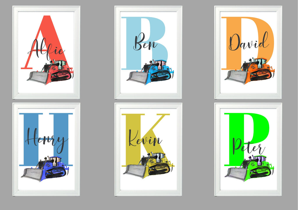 Personalised Boy / boy Initial digger Nursery/ Bedroom Print- different colours