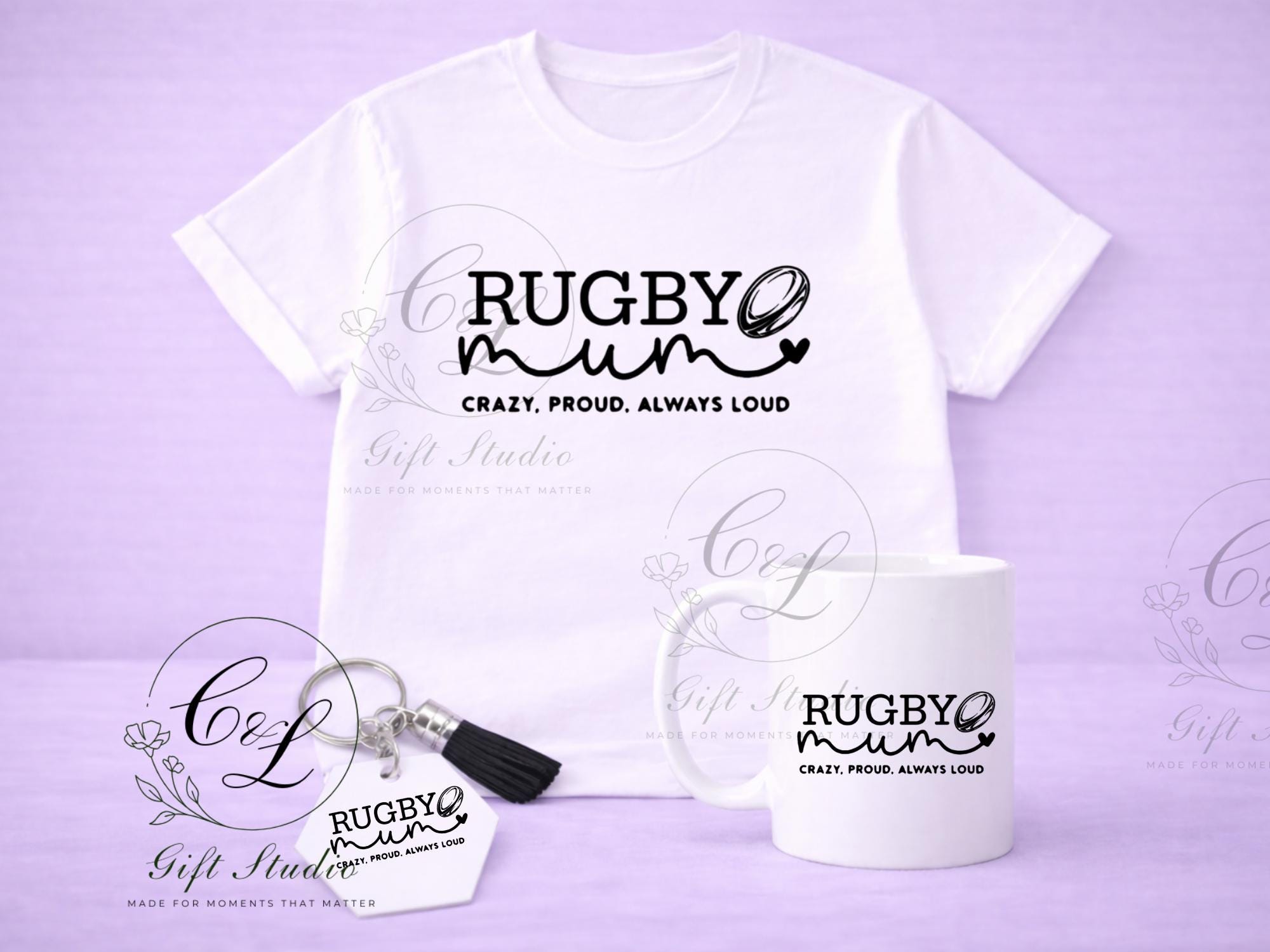 Rugby Mum Gift Set | Rugby Mum T-Shirt, Cold or Hot Cup, Cup & Keyring | Sports Mum Gift | Personalised Rugby Bundle