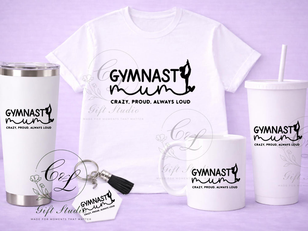 Gymnast Mum Gift Set | Gymnast Mum T-Shirt, Cold or Hot Cup, Cup & Keyring | Gymnast Mum Gift | Personalised Gymnast Bundle