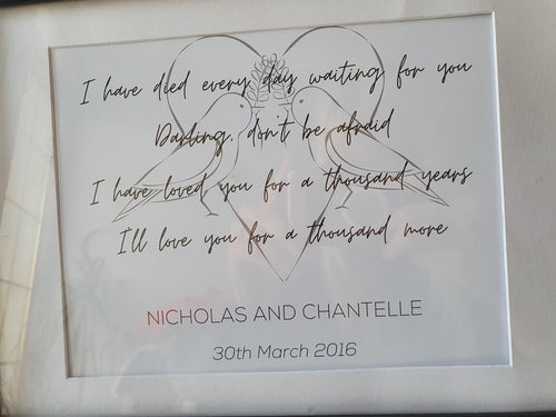 Personalised 'our song' chorus lyrics valentines love print