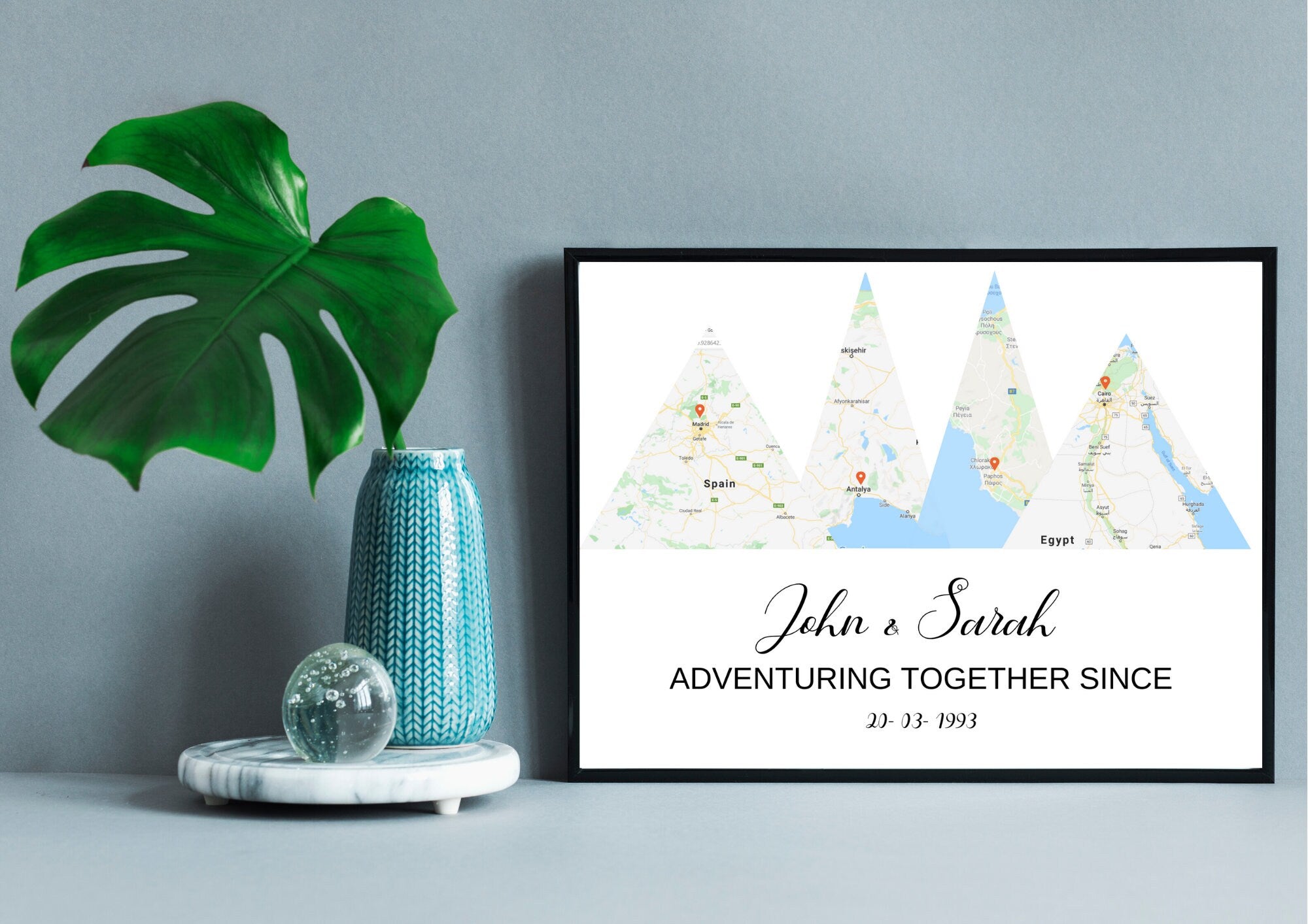 Personalised Map of adventures together with pin drop, anniversary valentines gift