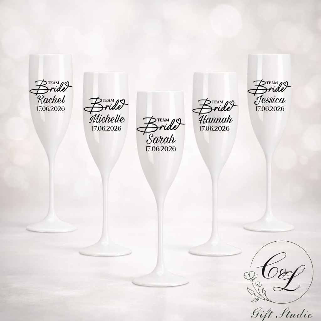 Team Bride Champagne Flutes – Personalised Bridal Party Glasses
