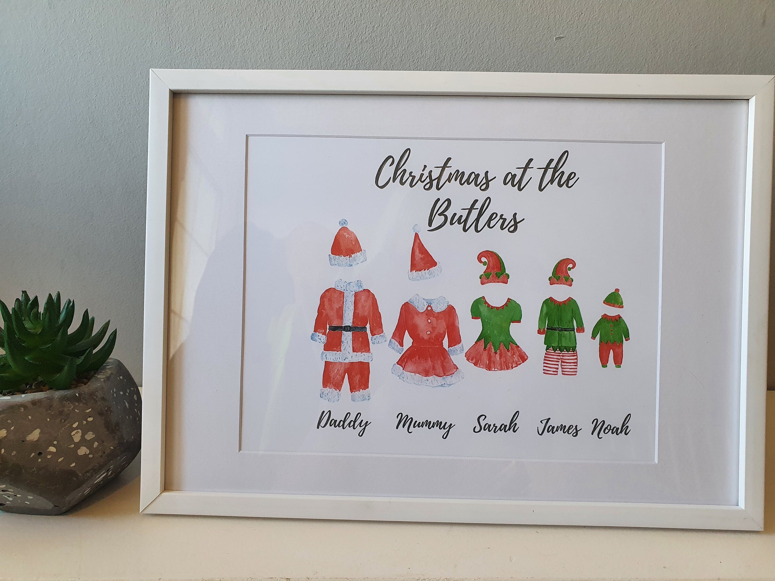 Personalised Christmas Santa and Elf Outfit Family Prints with Names
