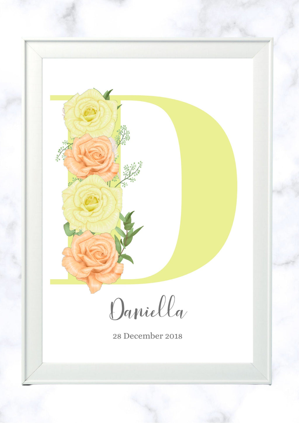 Personalised Girl Initial Roses Nursery Bedroom pretty Print- different colours