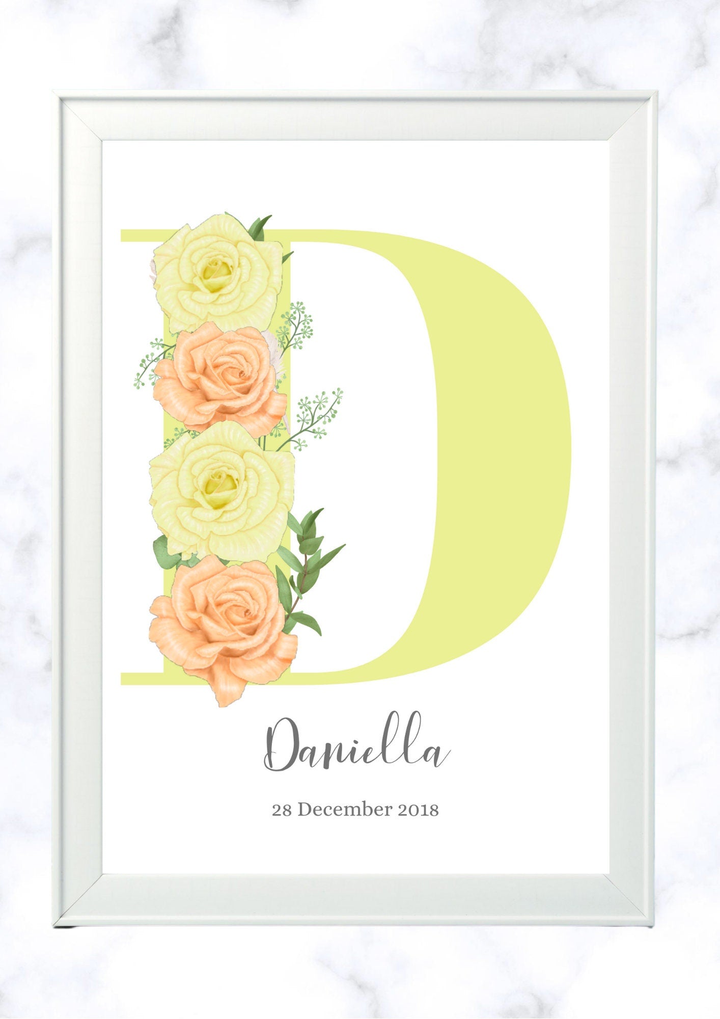 Personalised Girl Initial Roses Nursery Bedroom pretty Print- different colours