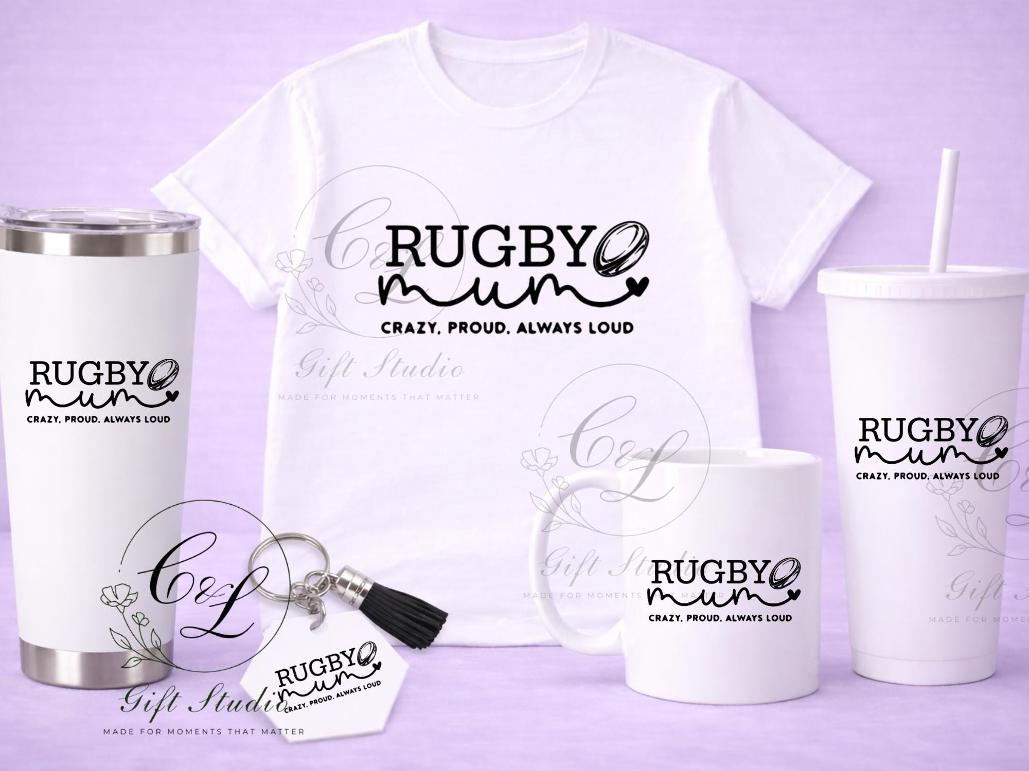 Rugby Mum Gift Set | Rugby Mum T-Shirt, Cold or Hot Cup, Cup & Keyring | Sports Mum Gift | Personalised Rugby Bundle