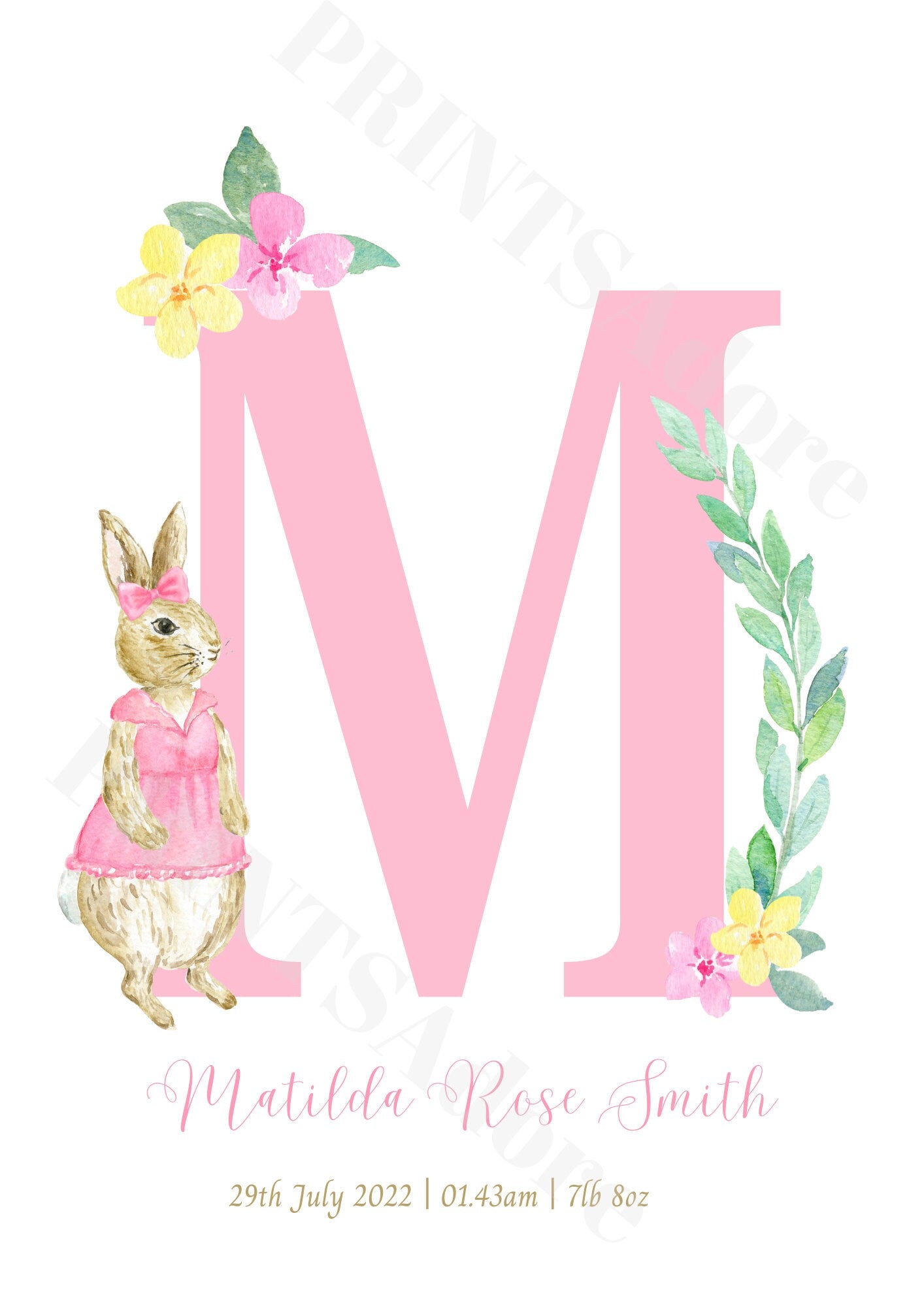Personalised set of 3 Girls Pink Floral Flopsy Rabbit Birth Print - Nursery Print - Girls bedroom decor - New Baby Gift - Gift Print