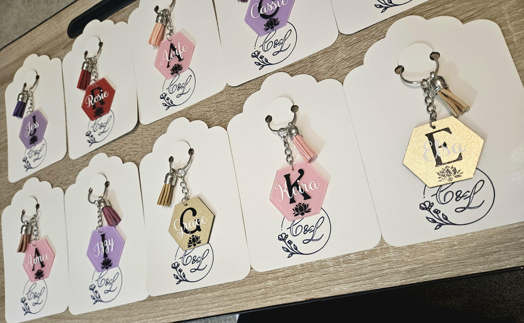 Personalised Initial & Name Keyring | Custom Keychain | Circle or Hexagon | Gift with Hobby Icon | Handmade Keyring