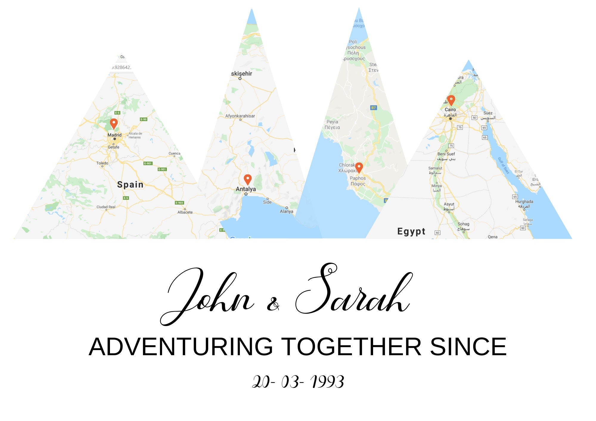 Personalised Map of adventures together with pin drop, anniversary valentines gift