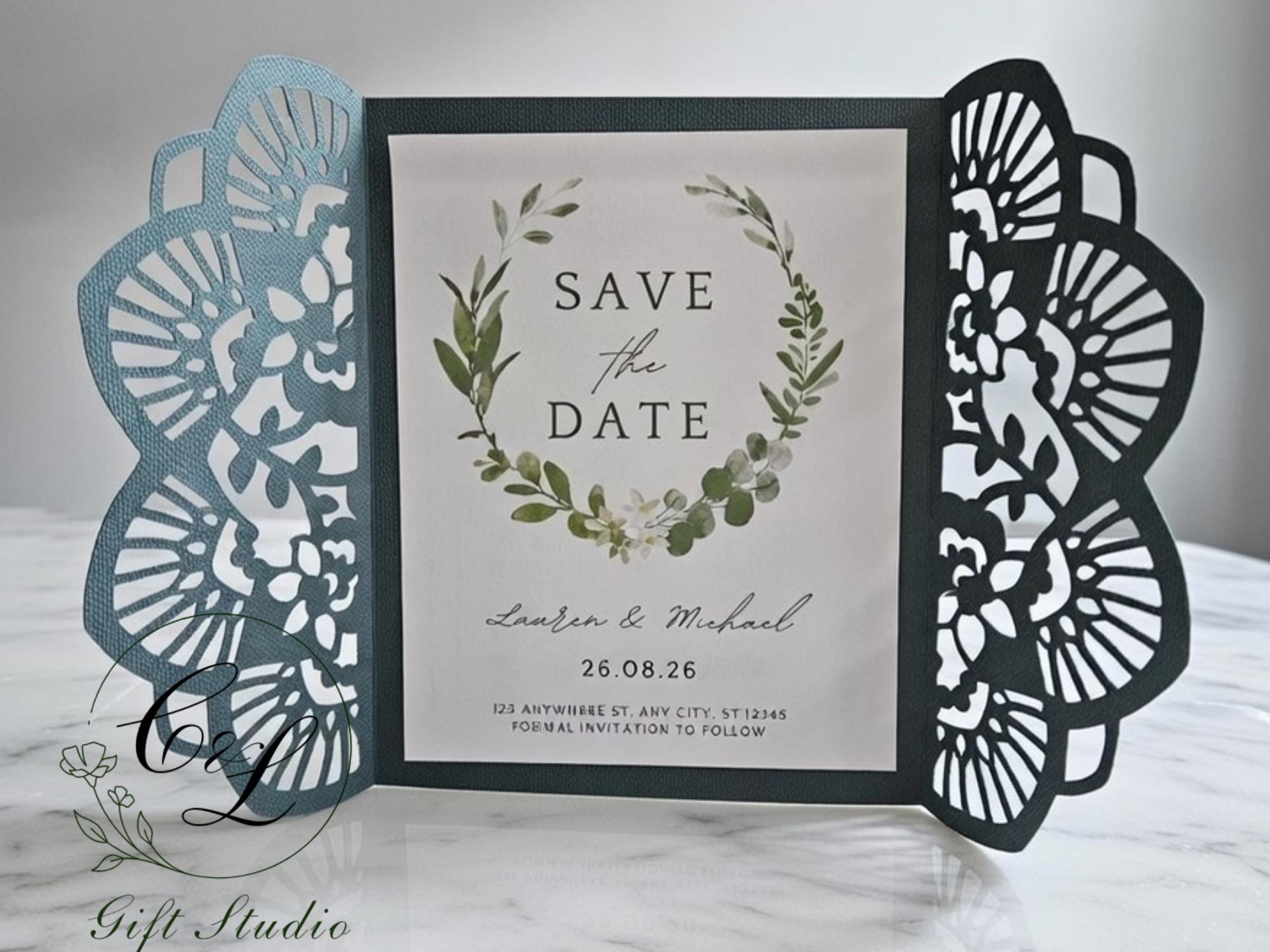 Personalised Laser Cut Save the Date Cards | Elegant Lace Wedding Save the Dates | Personalized Wedding Announcement | Floral Gatefold Card